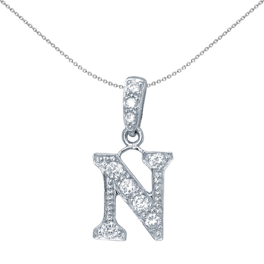 Silver  CZ Letter N Initial Pendant Necklace 18 inch - GIN2-N
