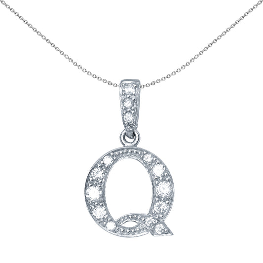 Silver  CZ Letter Q Initial Pendant Necklace 18 inch - GIN2-Q
