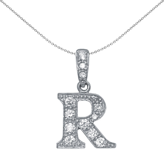Silver  CZ Letter R Initial Pendant Necklace 18 inch - GIN2-R