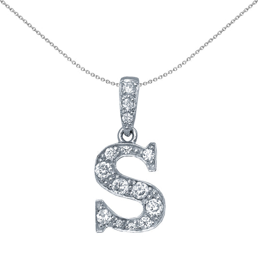 Silver  CZ Letter S Initial Pendant Necklace 18 inch - GIN2-S