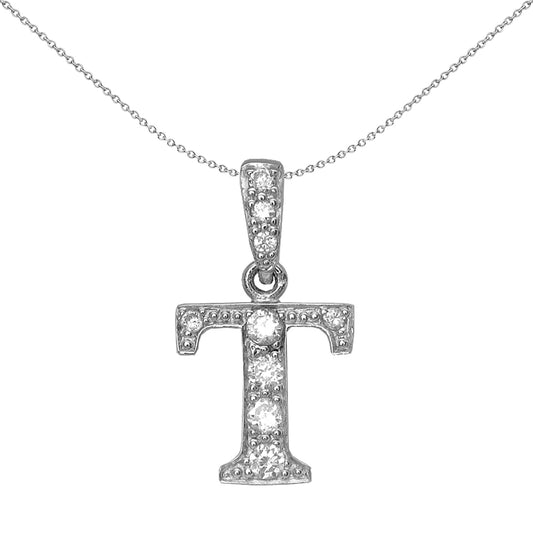 Silver  CZ Letter T Initial Pendant Necklace 18 inch - GIN2-T
