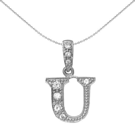 Silver  CZ Letter U Initial Pendant Necklace 18 inch - GIN2-U