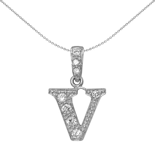 Silver  CZ Letter V Initial Pendant Necklace 18 inch - GIN2-V
