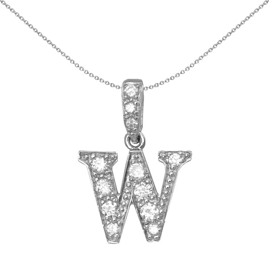 Silver  CZ Letter W Initial Pendant Necklace 18 inch - GIN2-W