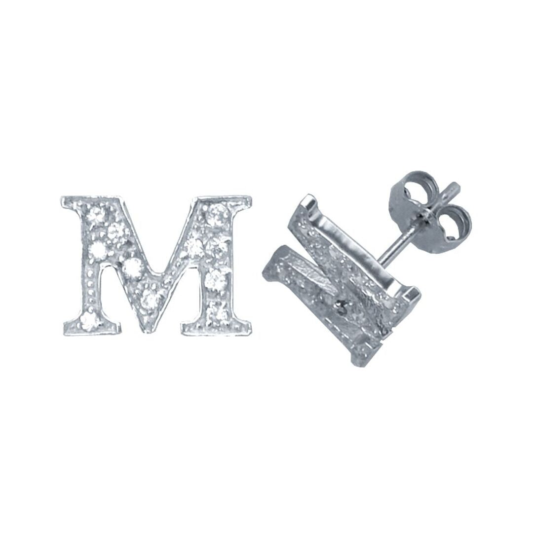 Sterling Silver  Initial Identity Stud Earrings Letter M - GIN3-M