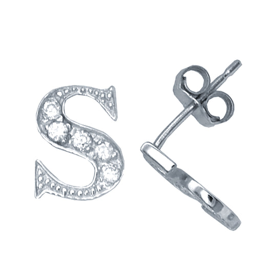 Sterling Silver  Initial Identity Stud Earrings Letter S - GIN3-S
