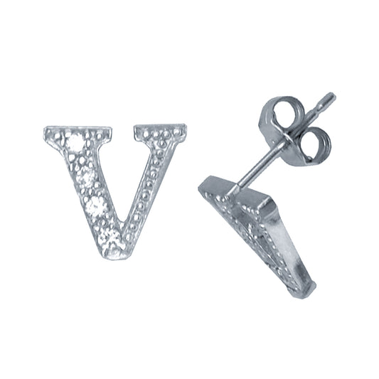 Sterling Silver  Initial Identity Stud Earrings Letter V - GIN3-V