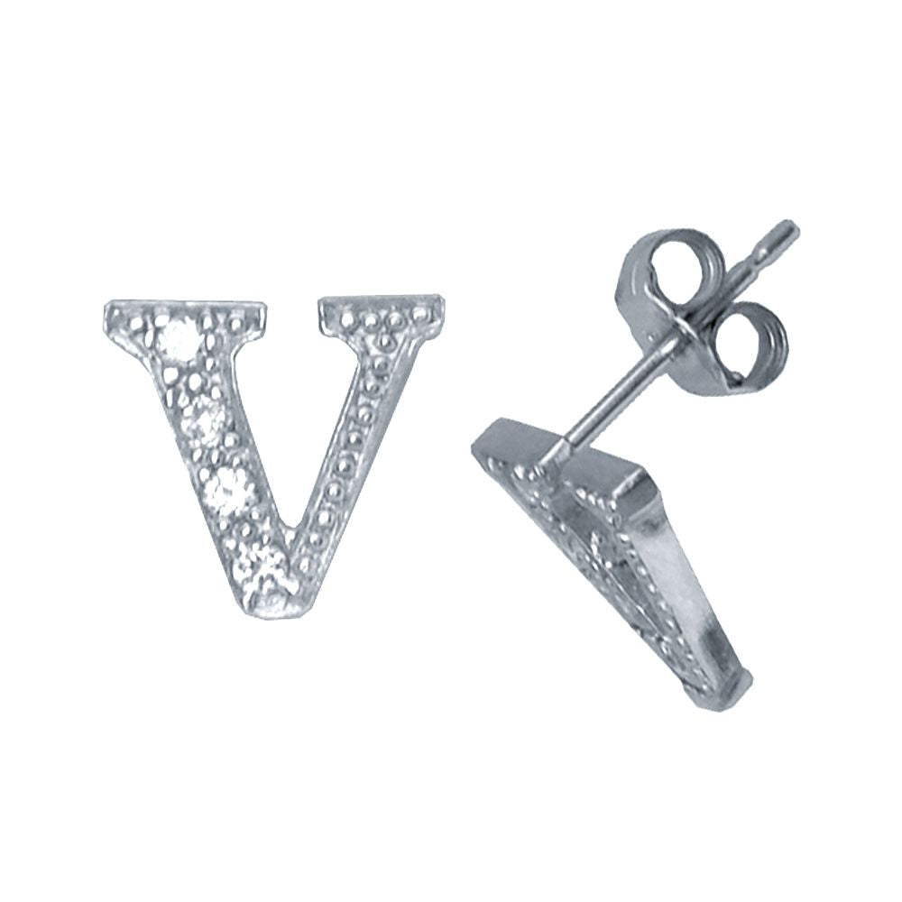 Sterling Silver  Initial Identity Stud Earrings Letter V - GIN3-V
