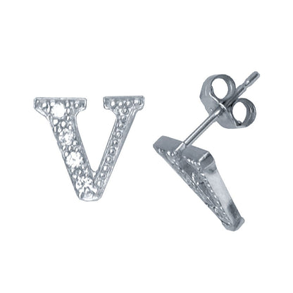 Sterling Silver  Initial Identity Stud Earrings Letter V - GIN3-V