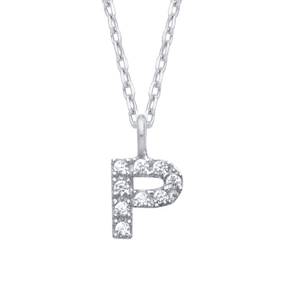 925 Silver  Encrusted Mini Initial Pendant Necklace 16 + 1 inch - GIN6P