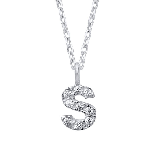 925 Silver  Encrusted Mini Initial Pendant Necklace 16 + 1 inch - GIN6S