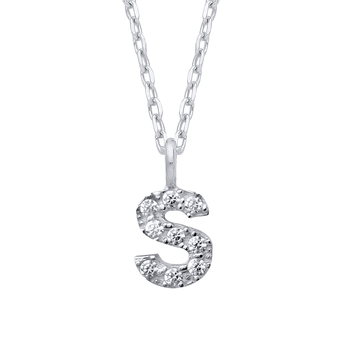 925 Silver  Encrusted Mini Initial Pendant Necklace 16 + 1 inch - GIN6S