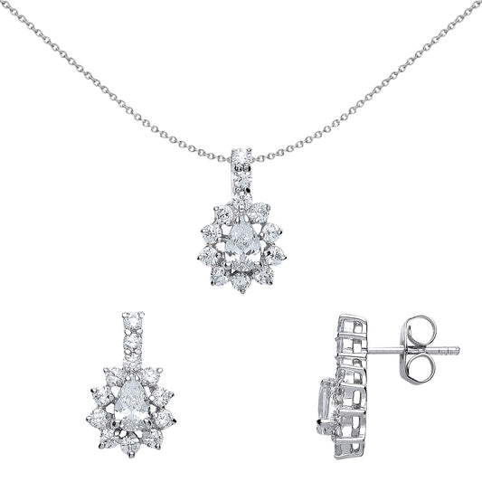 Silver  Pear CZ Cluster Drop Earrings Necklace Set 18 inch - GSET501