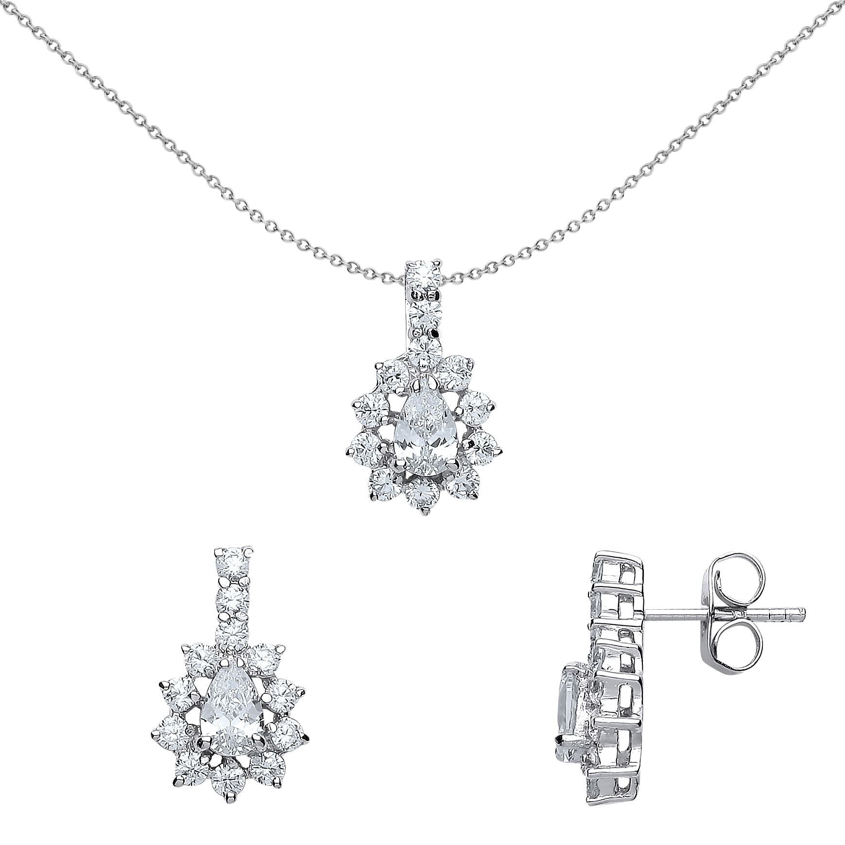 Silver  Pear CZ Cluster Drop Earrings Necklace Set - GSET501