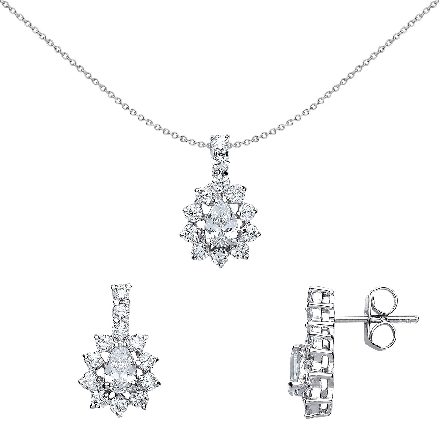 Silver  Pear CZ Cluster Drop Earrings Necklace Set 18 inch - GSET501