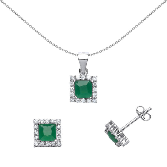 Silver  Green Princess Cut CZ Princess Earrings Necklace Set 18" - GSET502