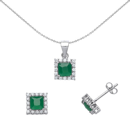 Silver  Green Princess CZ Halo Princess Earrings Necklace Set - GSET502