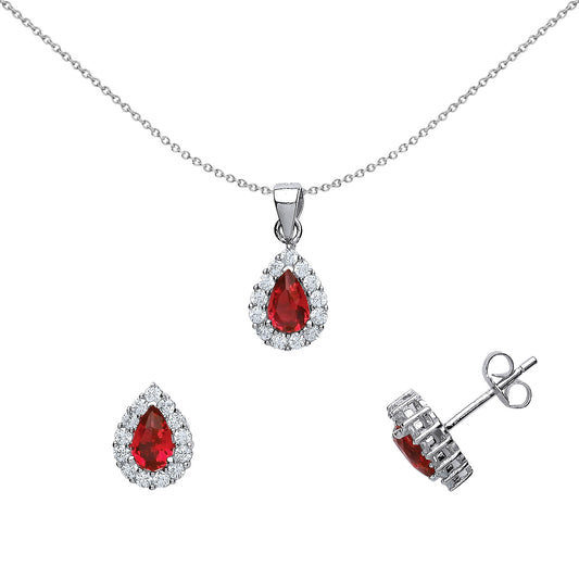 Silver  Red Pear CZ Tears of Joy Earrings Necklace Set 18 inch - GSET503
