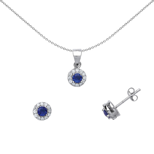 Silver  Blue CZ Halo Earrings Necklace Set 18 inch - GSET504