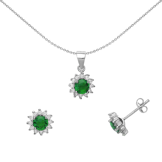 Silver  green CZ Sunshine Cluster Solitaire Earrings Necklace Set - GSET505EM