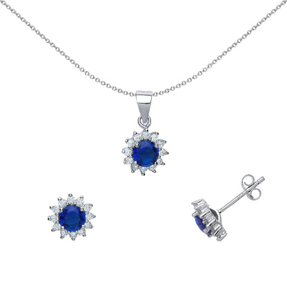 Silver  Blue CZ Cluster Earrings Necklace Set 18 inch - GSET505