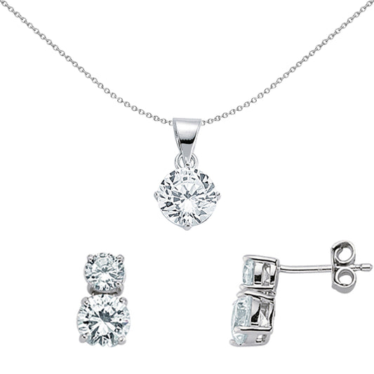 Silver  CZ Solitaire Earrings Necklace Set - GSET600