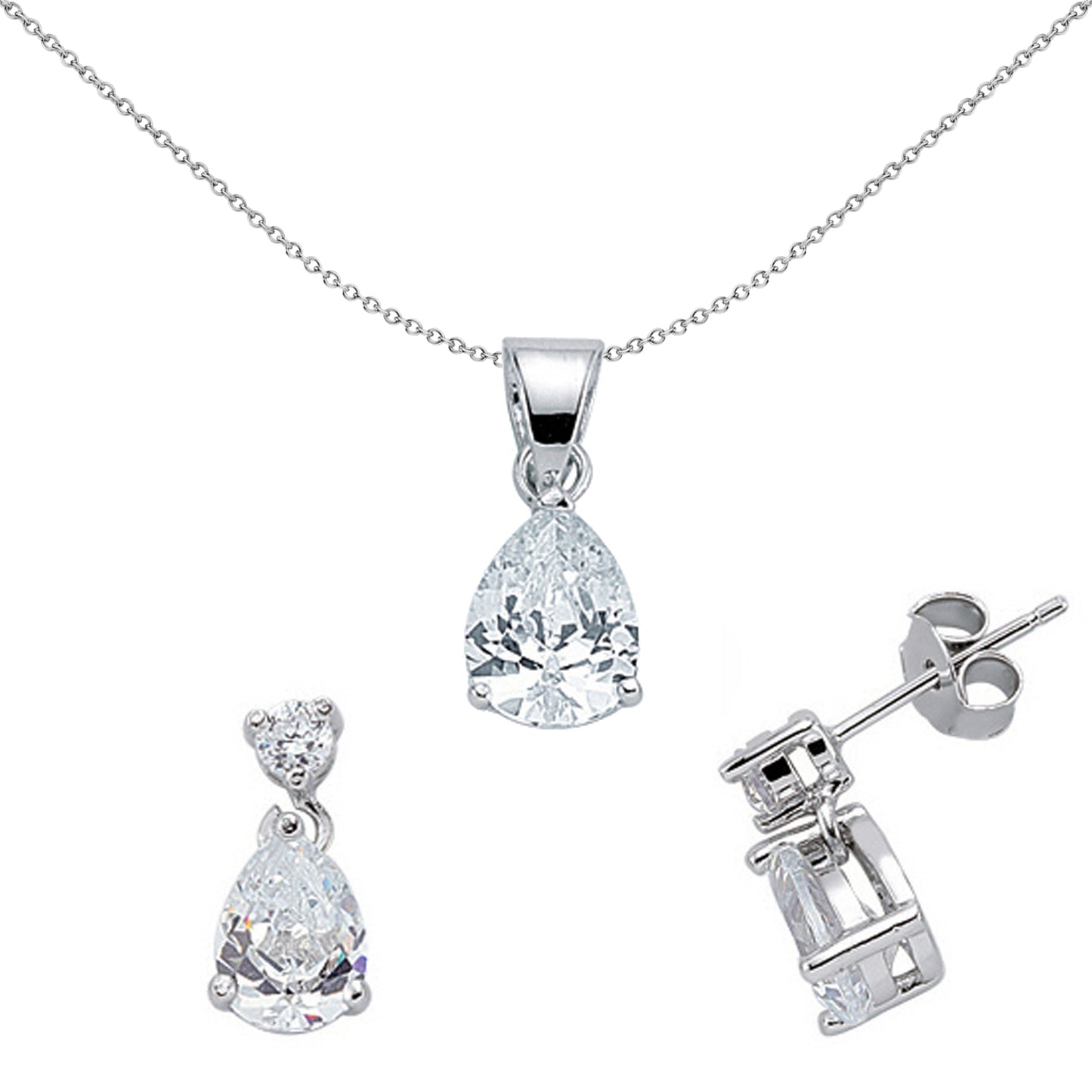 Silver  Pear CZ Tears of Joy Earrings Necklace Set - GSET601