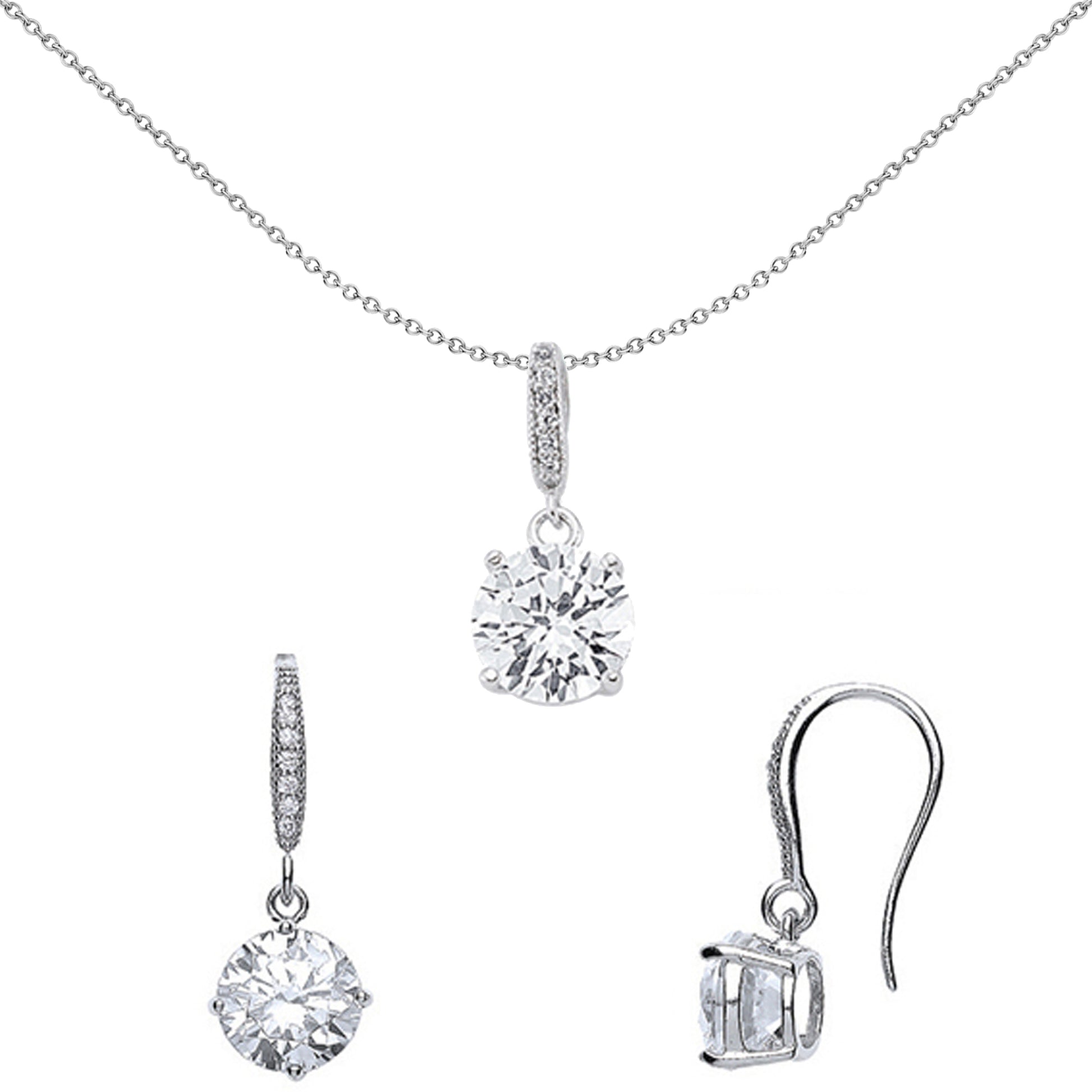 Silver  CZ Solitaire Hook Earrings Necklace Set - GSET602