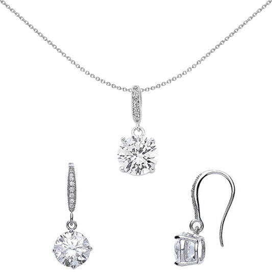 Silver  CZ Solitaire Hook Earrings Necklace Set - GSET602