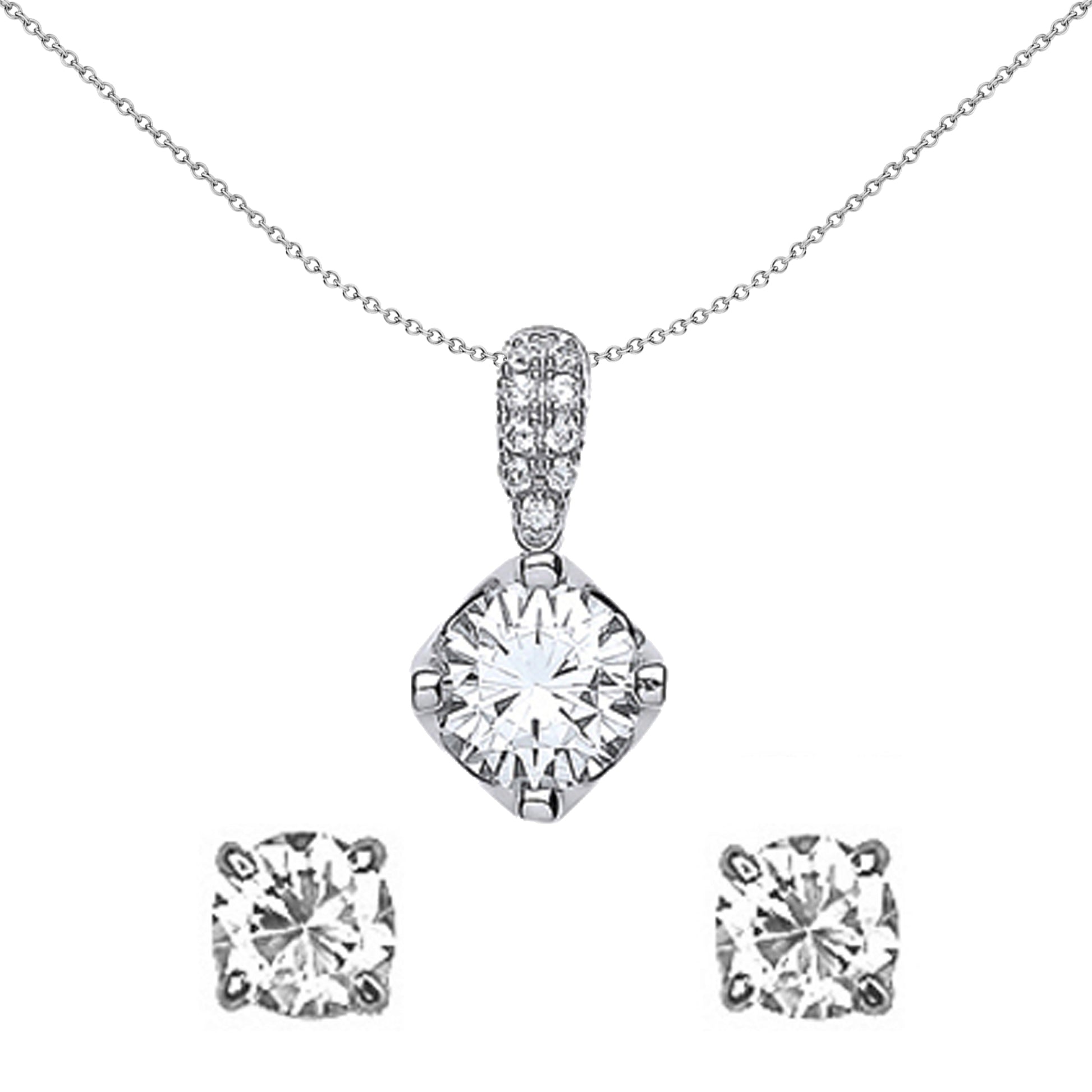 Silver  CZ Framed Solitaire Earrings Necklace Set - GSET603