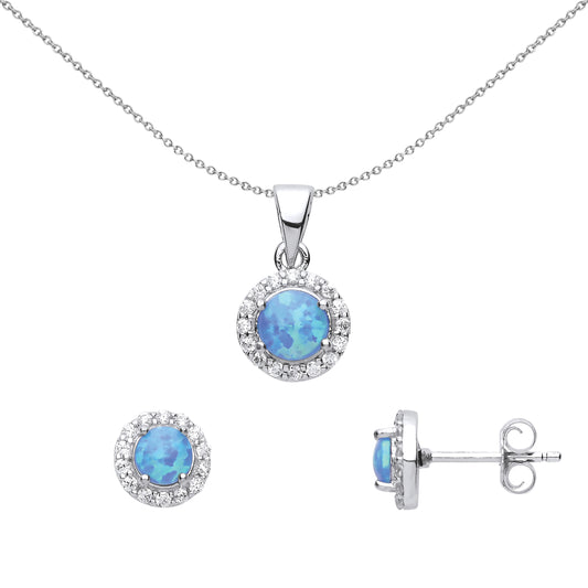 Silver  Blue Opal Halo Earrings Necklace Set - GSET606