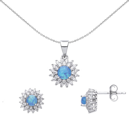 Silver  Blue Opal Sunshine Cluster Earrings Necklace Set - GSET607