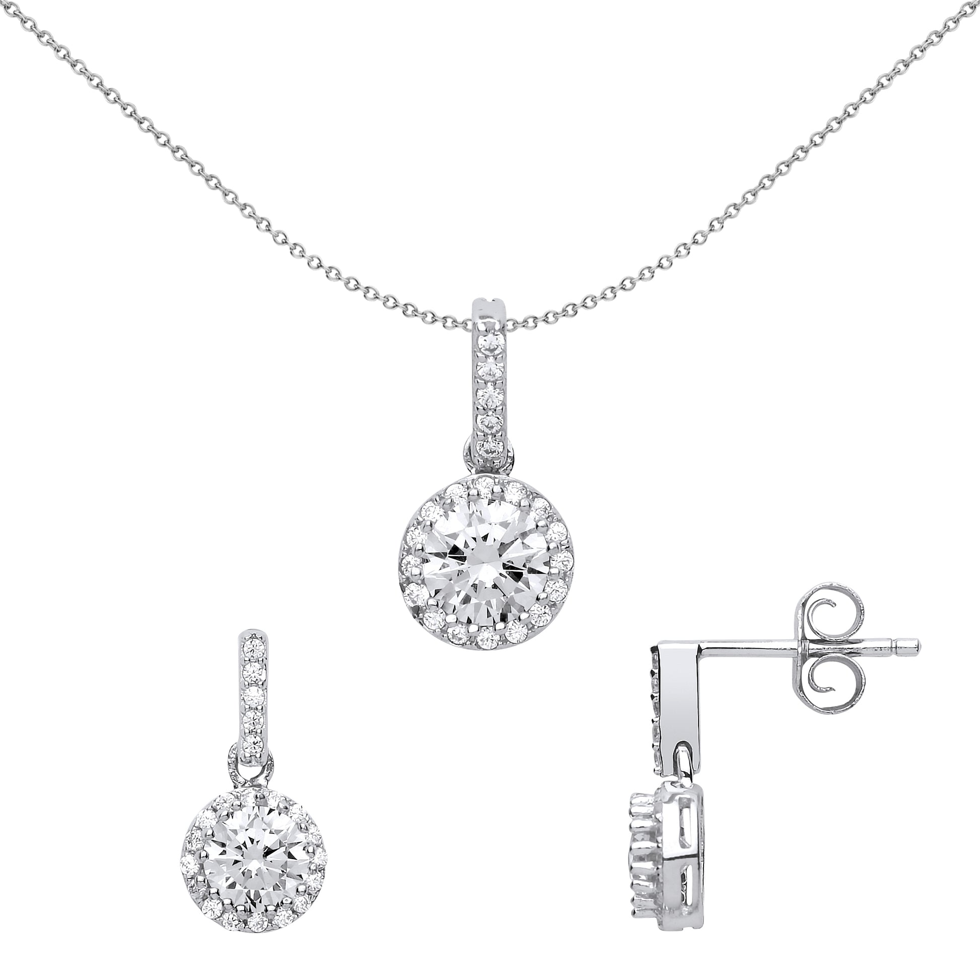 Silver  CZ Halo Earrings Necklace Set - GSET608