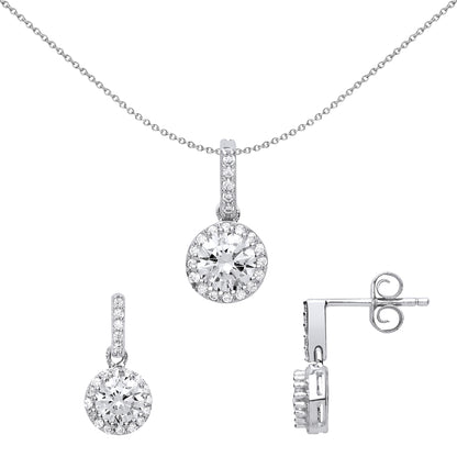 Silver  CZ Halo Earrings Necklace Set - GSET608