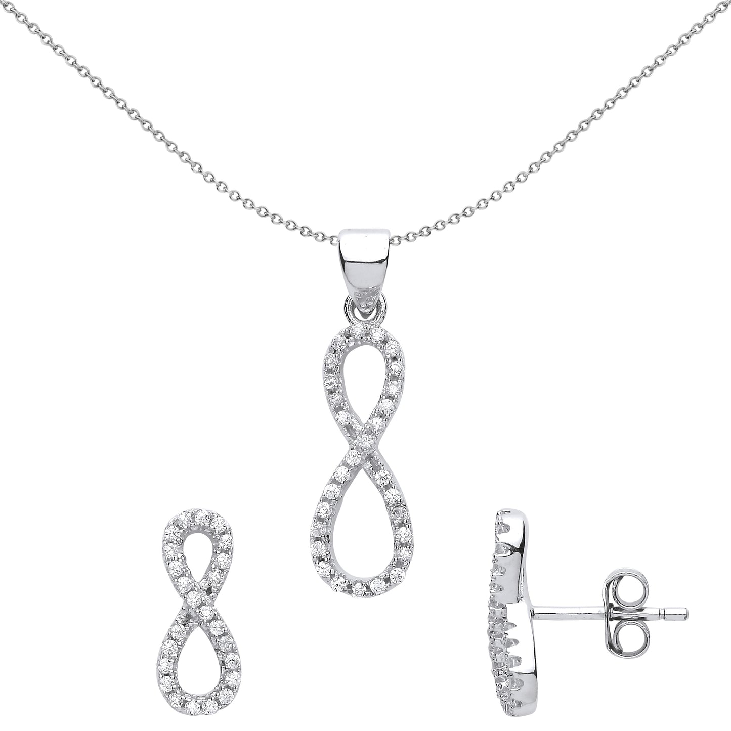 Silver  CZ Infinity Earrings Necklace Set - GSET609