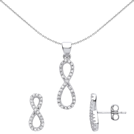 Silver  CZ Infinity Earrings Necklace Set - GSET609