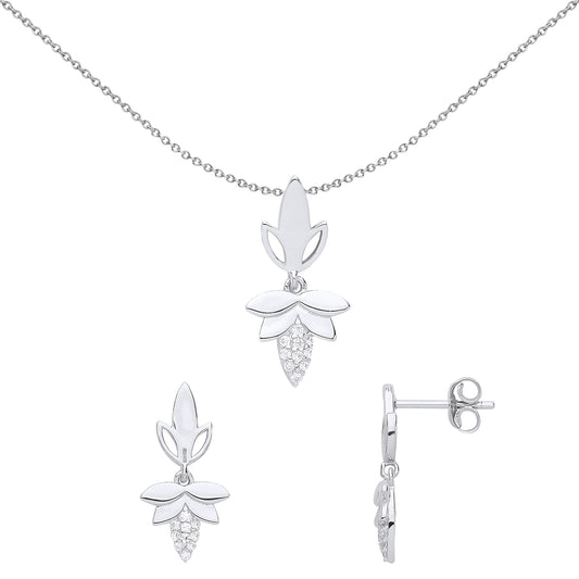 Silver  CZ Sweetcorn Leaf Earrings Necklace Set - GSET611