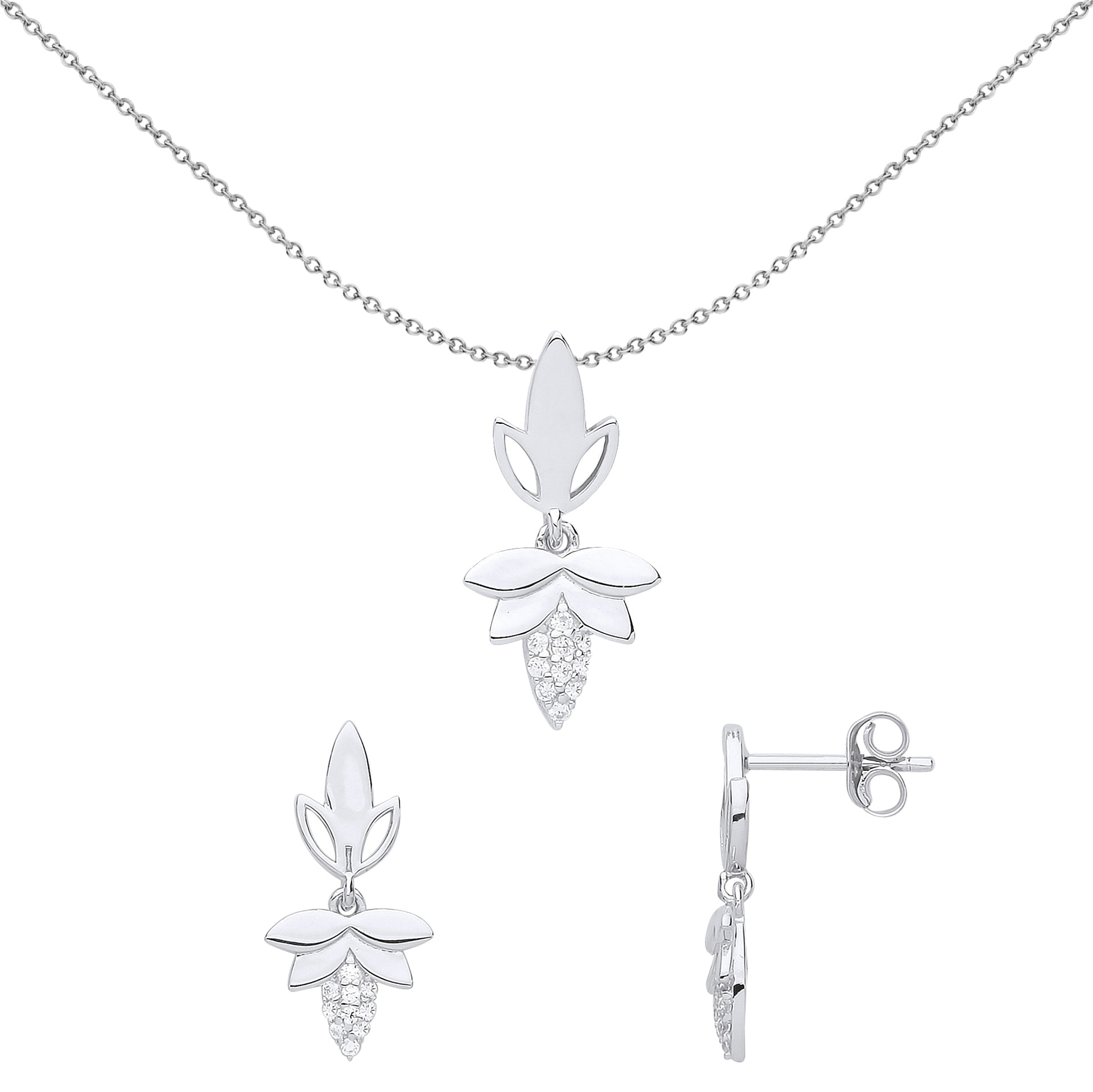Silver  CZ Sweetcorn Leaf Earrings Necklace Set - GSET611