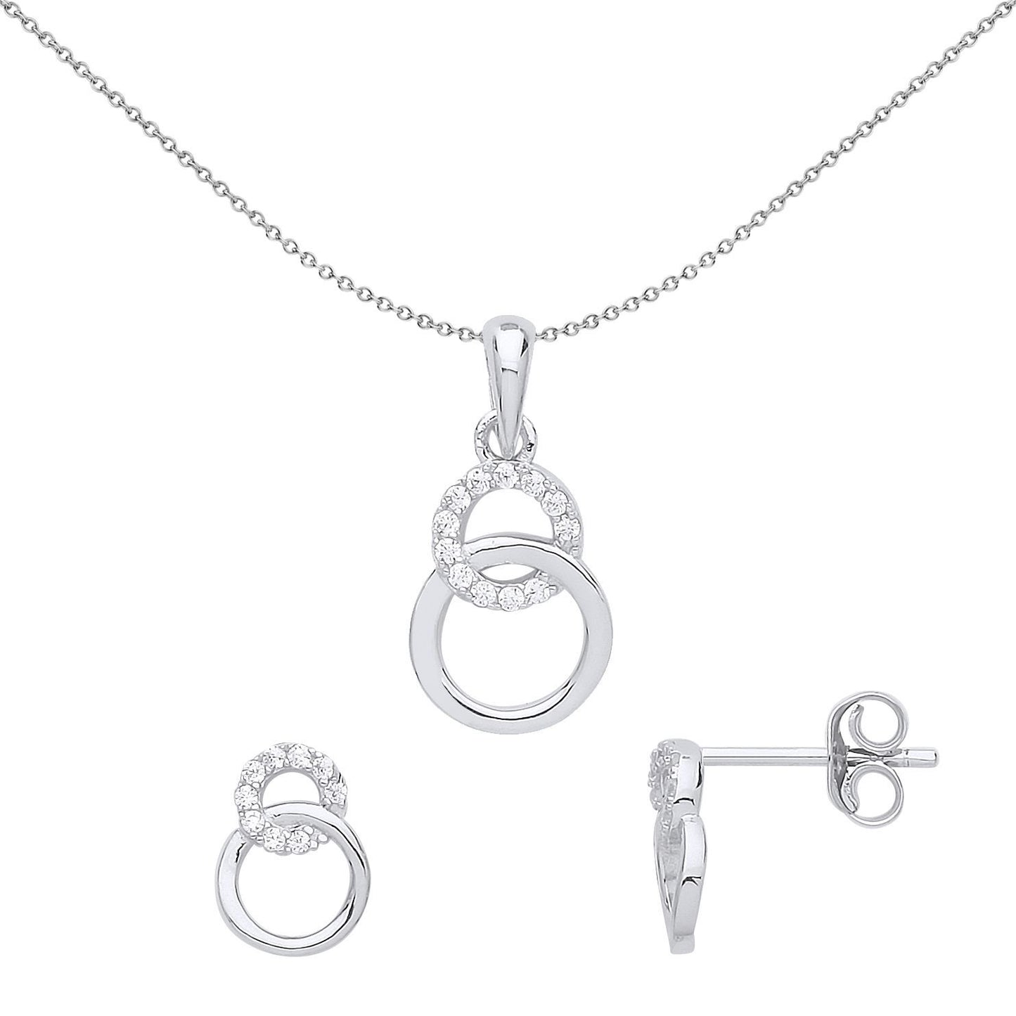Silver  CZ Infinity Interlocking Hoops Stud Earrings Necklace Set - GSET612