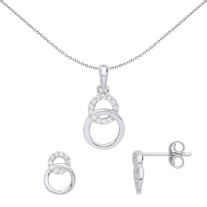 Silver  CZ Infinity Interlocking Hoops Stud Earrings Necklace Set - GSET612