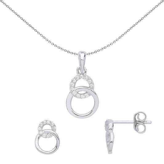Silver  CZ Infinity Interlocking Hoops Stud Earrings Necklace Set - GSET612