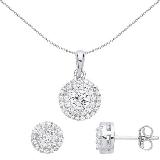 Silver  CZ 2 Tier Halo Solitaire Earrings Necklace Set - GSET613