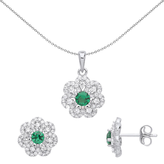 Silver  Green CZ Daisy Flower Cluster Earrings Necklace Set - GSET615