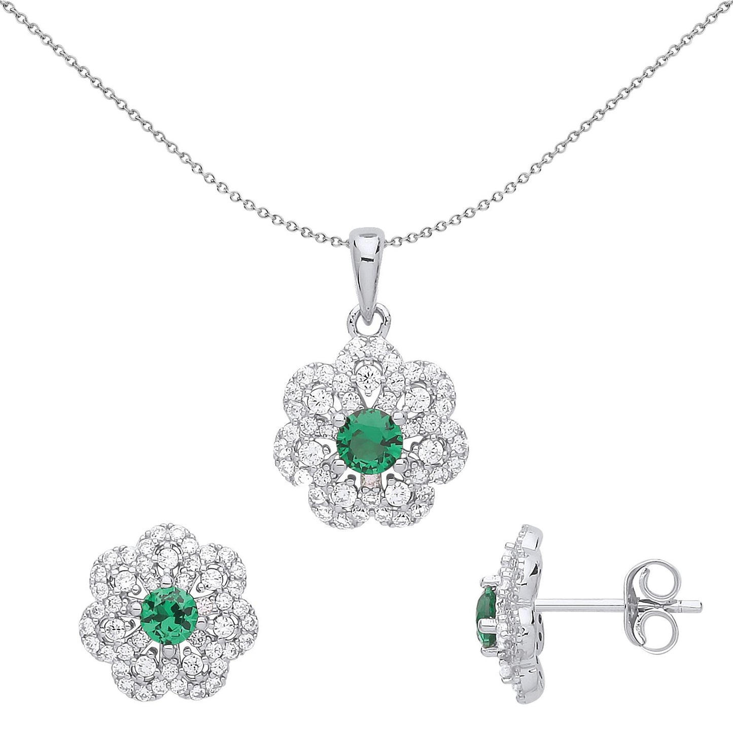 Silver  Green CZ Daisy Flower Cluster Earrings Necklace Set - GSET615