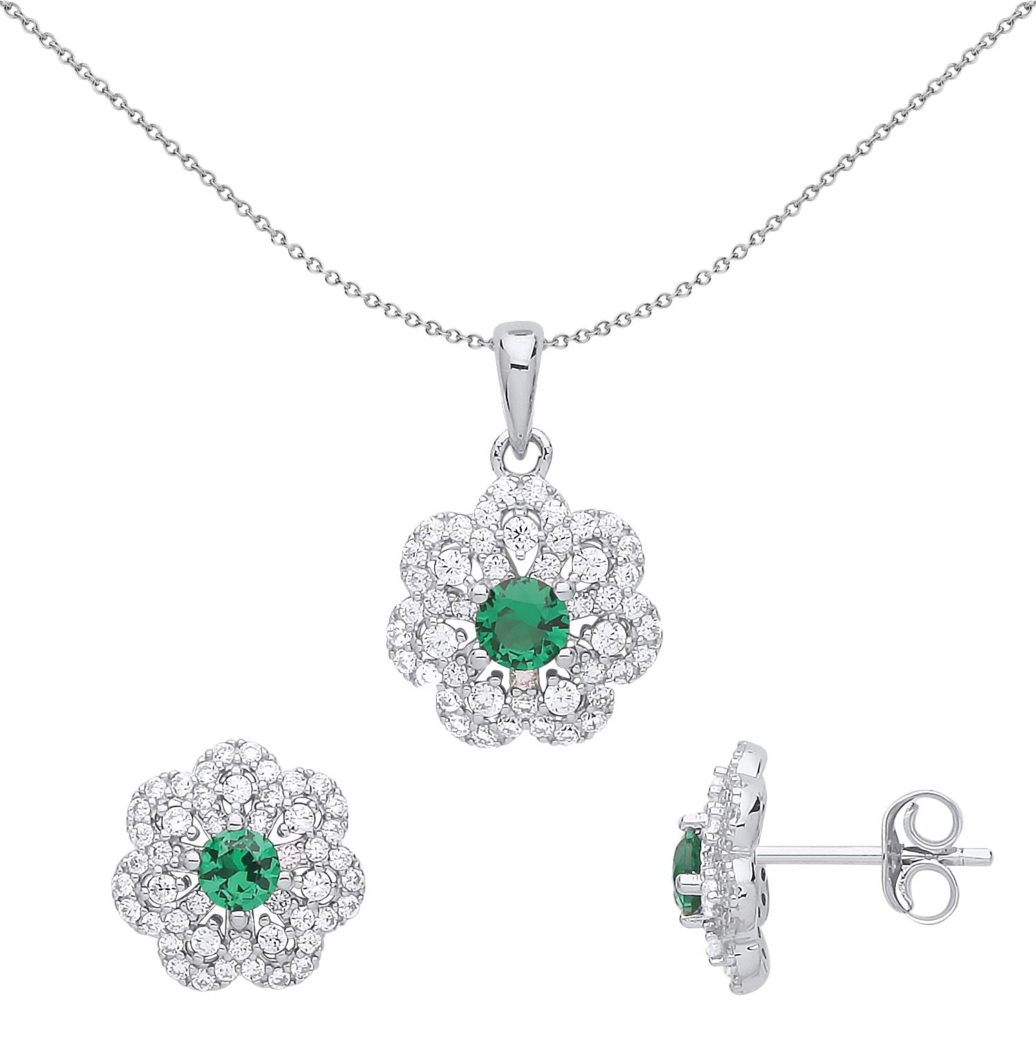 Silver  Green CZ Daisy Flower Cluster Earrings Necklace Set - GSET615