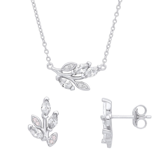 Silver  Tree Branch Leaves Earrings Necklace Set - GSET616