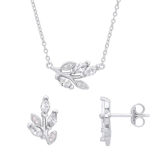 925 Silver  Marquise CZ Tree Branch Leaves Earrings Necklace Set - GSET616