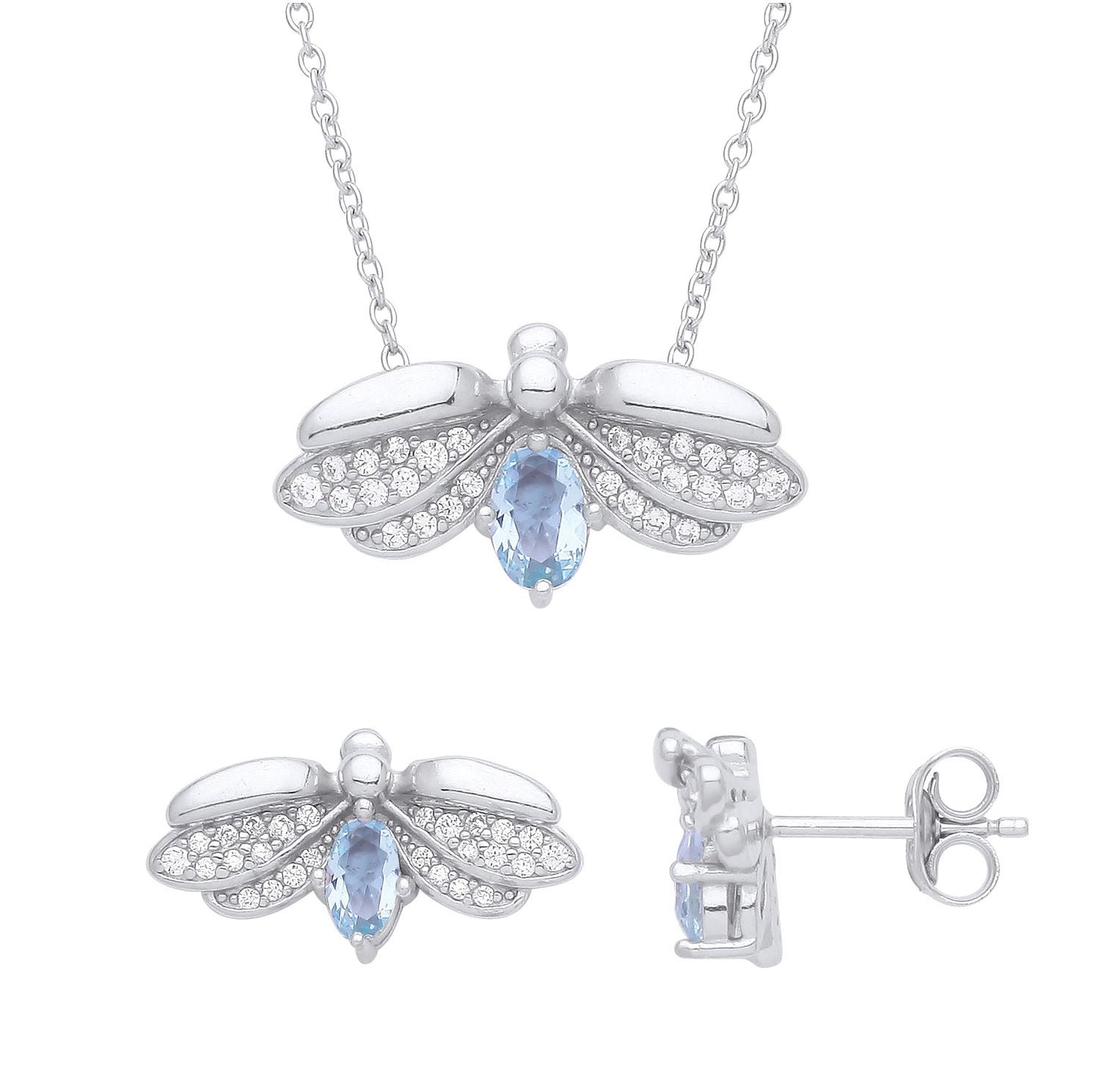 Silver  Blue CZ Firefly Flying Beetle Wings Earrings Necklace Set - GSET617