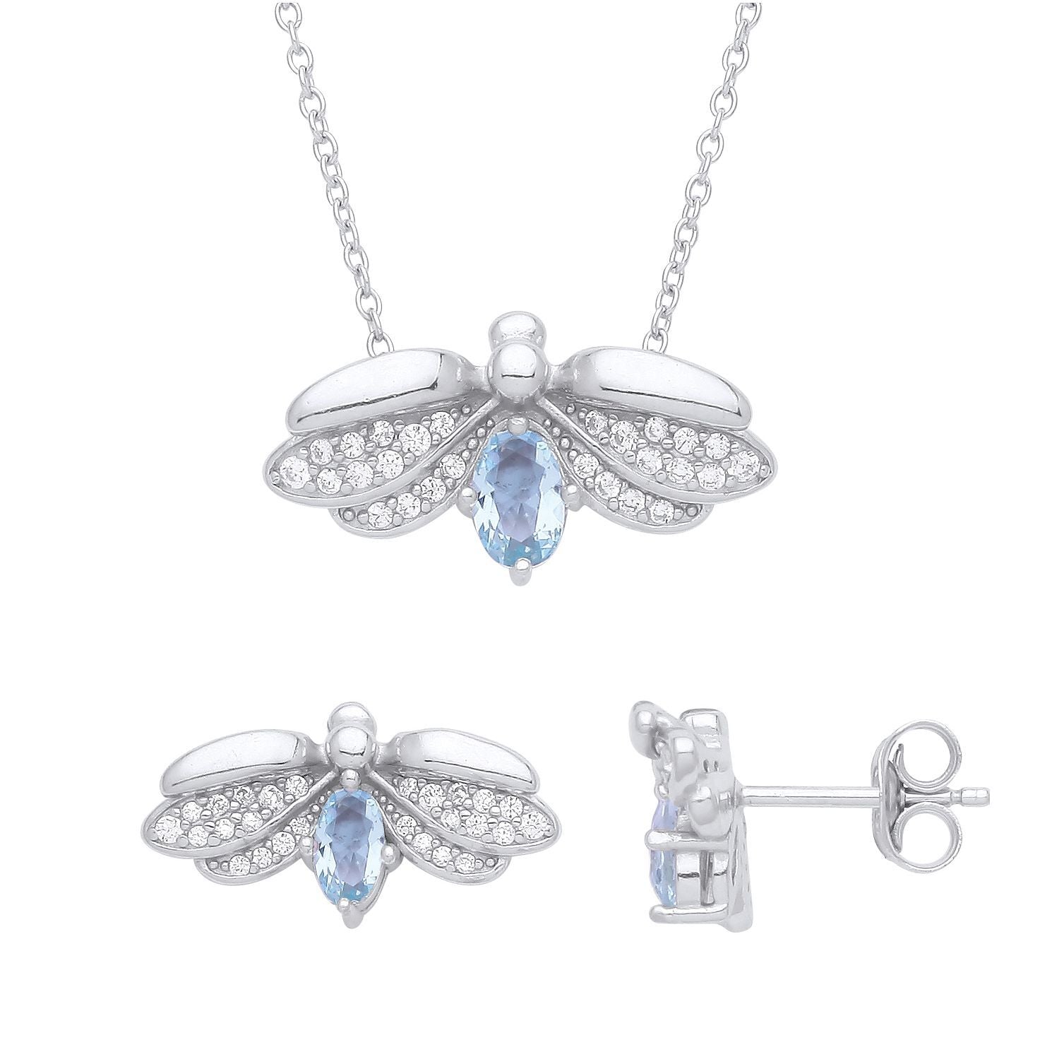 Silver  Blue CZ Firefly Flying Beetle Wings Earrings Necklace Set - GSET617