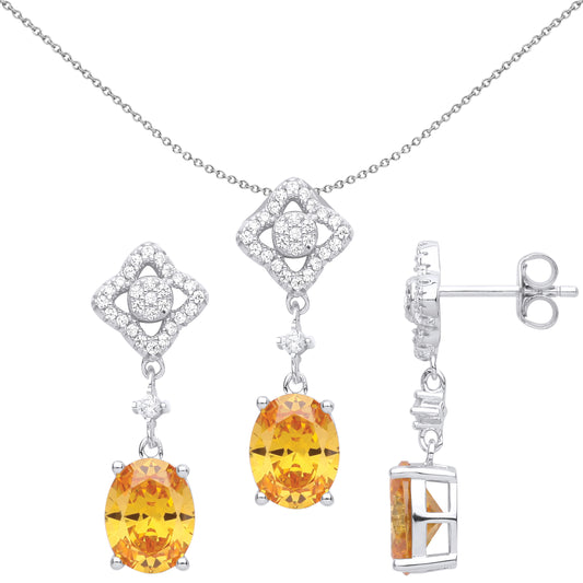 Silver  Yellow Oval CZ Clover Chandelier Earrings Necklace Set - GSET619